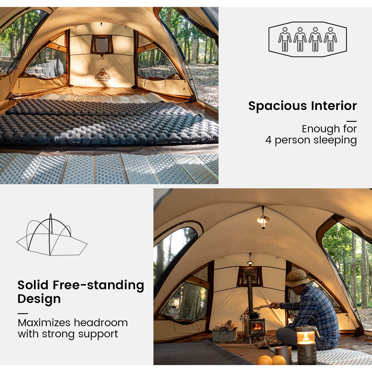 Camping tent interior with a person cooking, labeled 'Spacious Interior' and 'Solid Free-standing Design'.