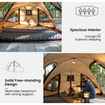 Camping tent interior with a person cooking, labeled 'Spacious Interior' and 'Solid Free-standing Design'.