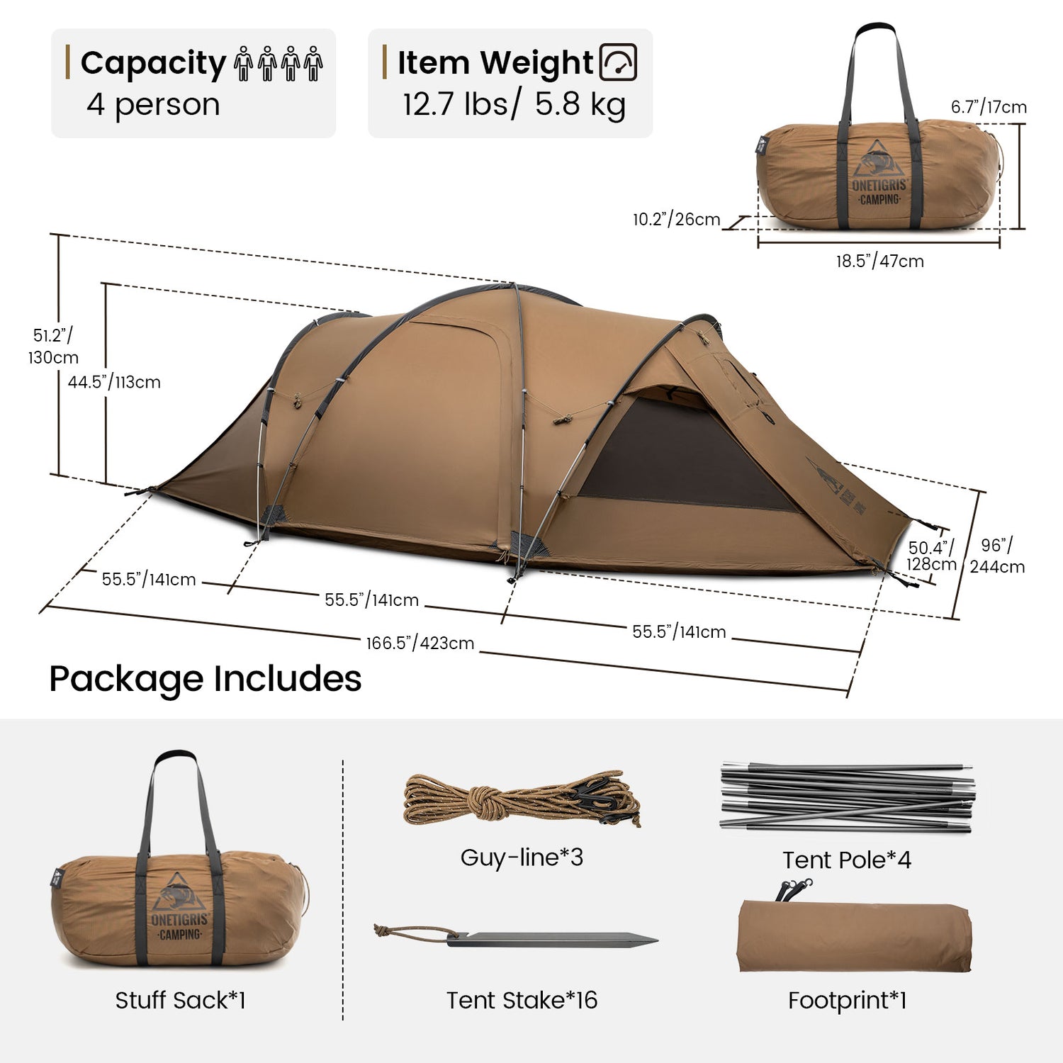 ORBITIS Camping Tent with dimensions, weight, and package contents on a white background
