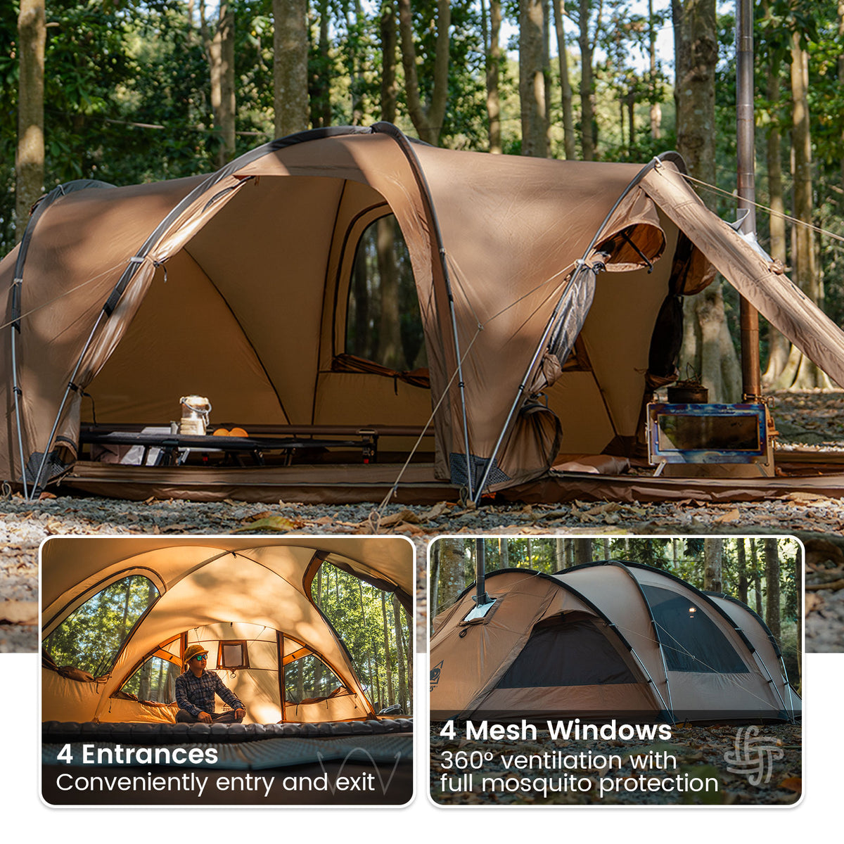  ORBITIS Camping Tent  with multiple entrances and mesh windows in a forest setting