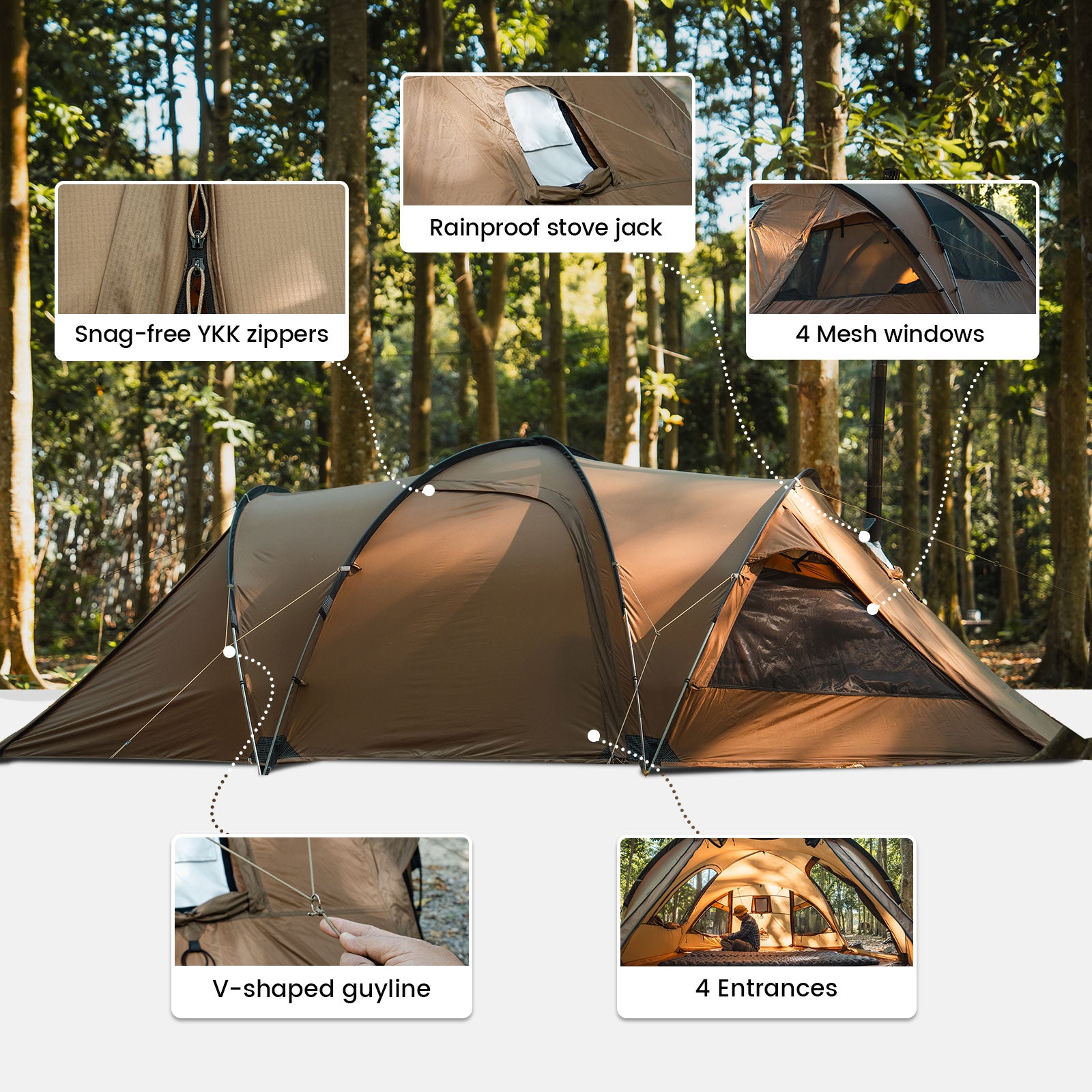 ORBITIS Camping Tent with features highlighted in a forest setting