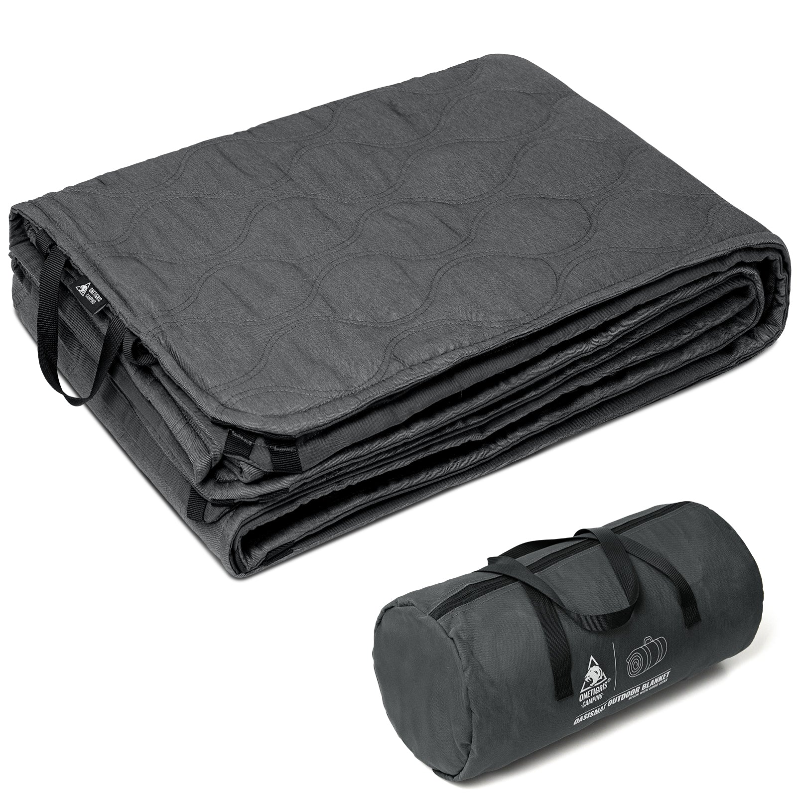 Folded gray blanket with carrying bag on a white background