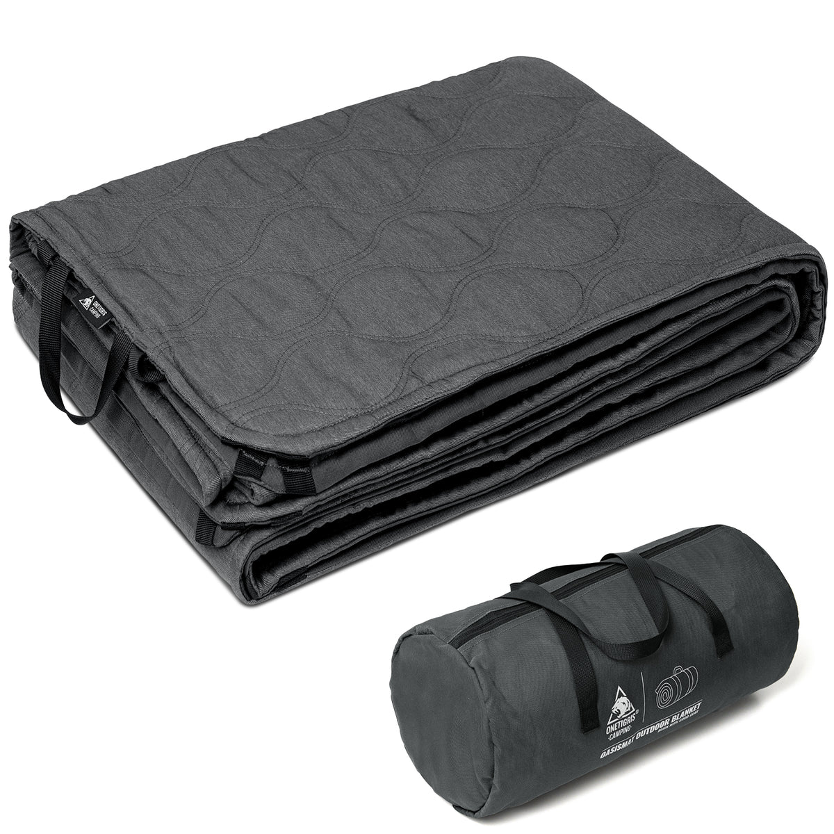 Folded gray blanket with carrying bag on a white background