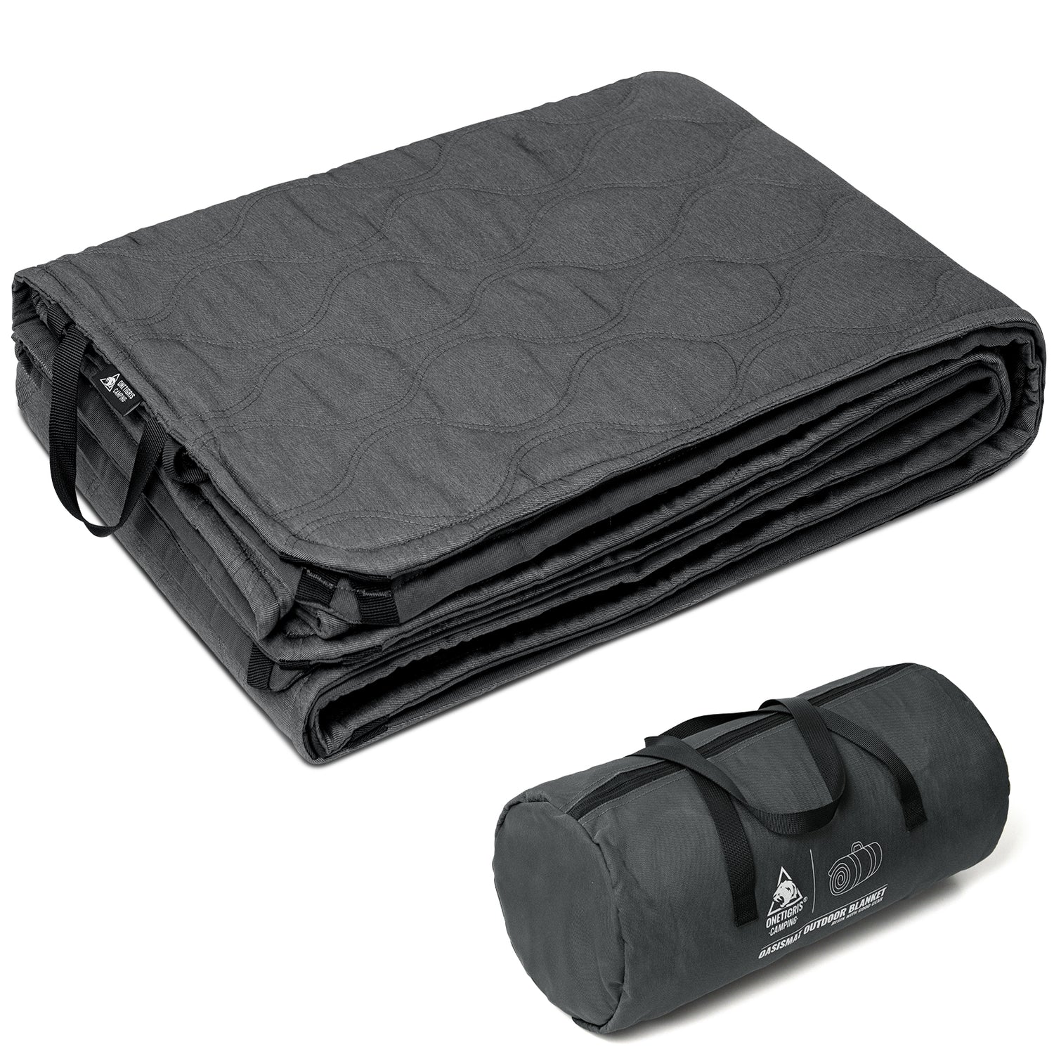 Folded gray blanket with carrying bag on a white background