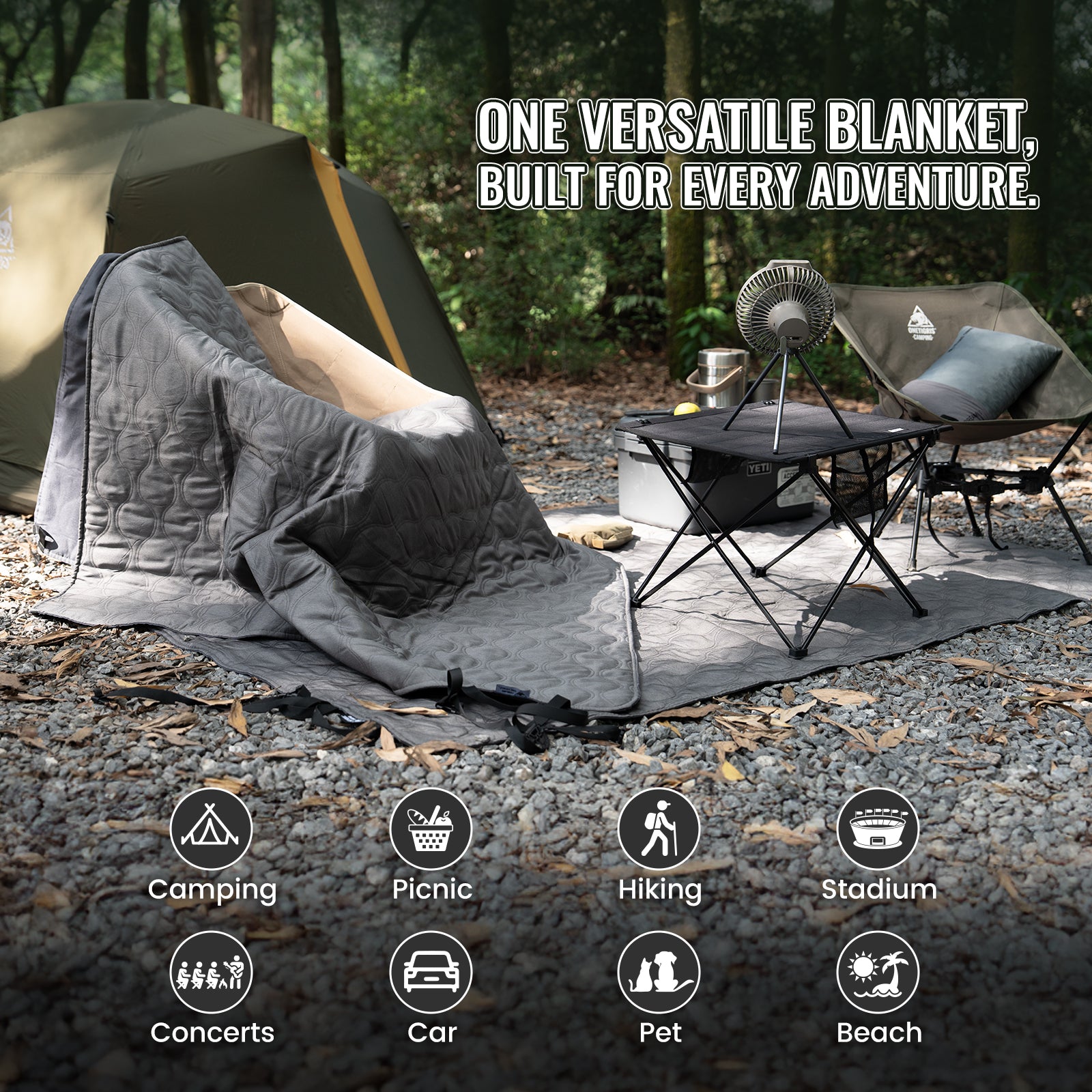 Versatile blanket used at a camping site with text 'One versatile blanket, built for every adventure.'