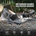 Versatile blanket used at a camping site with text 'One versatile blanket, built for every adventure.'