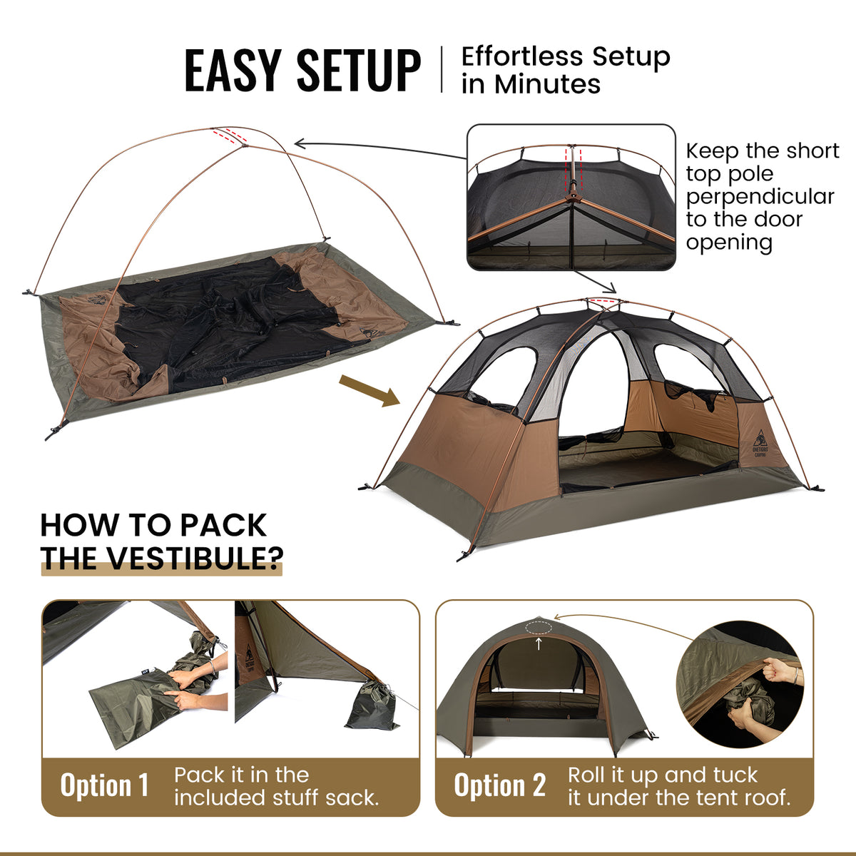 Instructional graphic showing how to set up and pack a dome tent. The top section explains easy setup in minutes with a diagram of the tent pitched, including instructions on the short top pole.