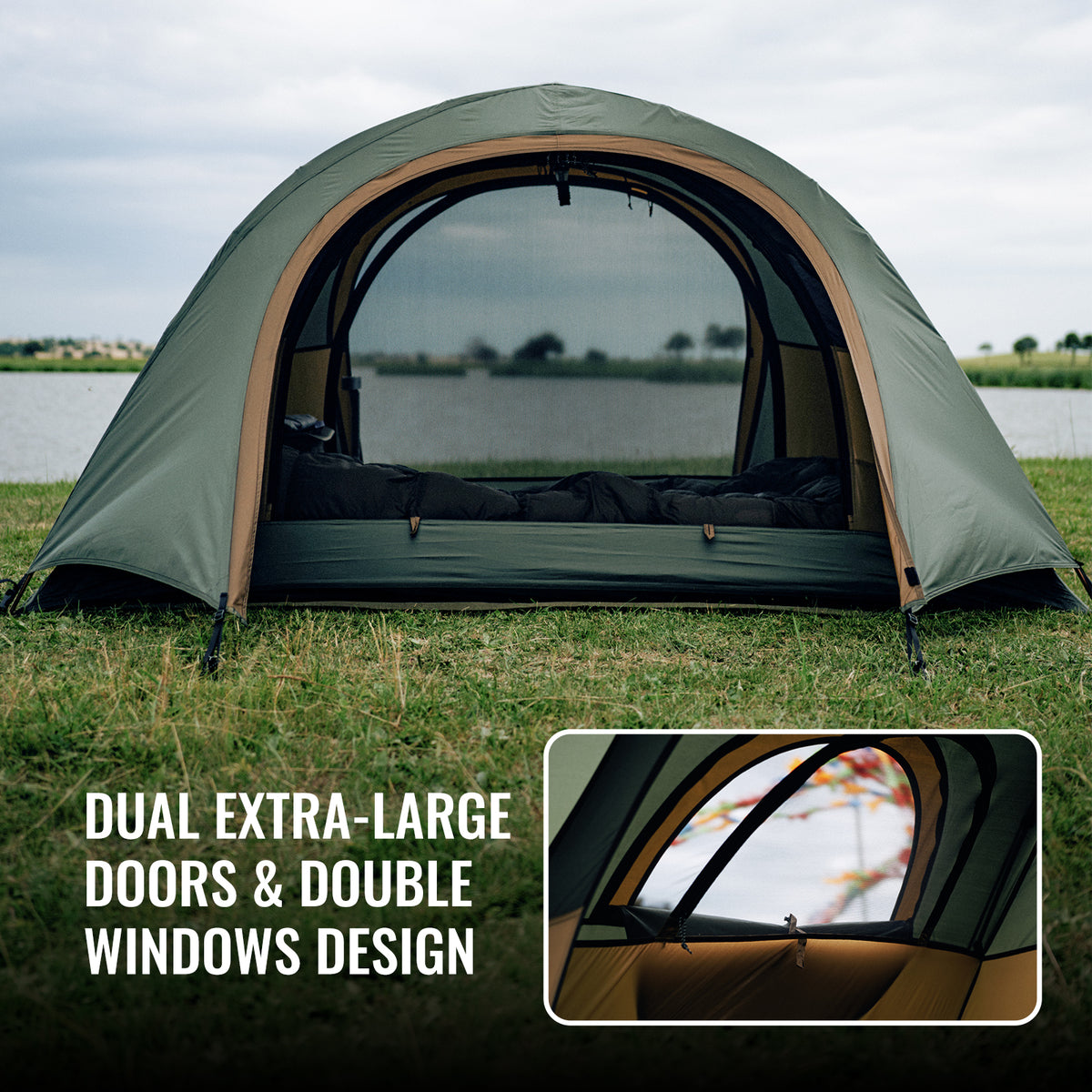 Onetigris BASTION camping tent pitched on grass beside a lake, with a large open front door and a small inset detail showing the double window design. Text on the image reads: 'DUAL EXTRA-LARGE DOORS & DOUBLE WINDOWS DESIGN'.