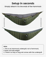Hammock underquilt with setup instructions on a white background
