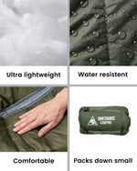 Collage of features including ultra lightweight, water resistant, comfortable, and packs down small with a green sleeping bag.