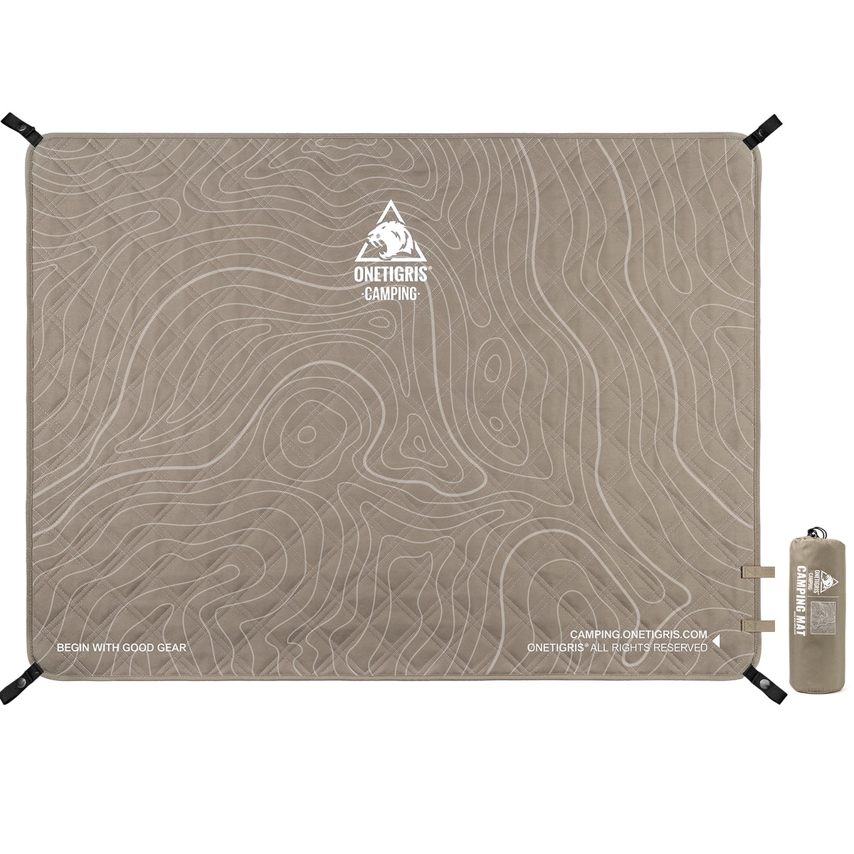 Camping mat with topographic pattern and OneTigris Camping logo on a white background