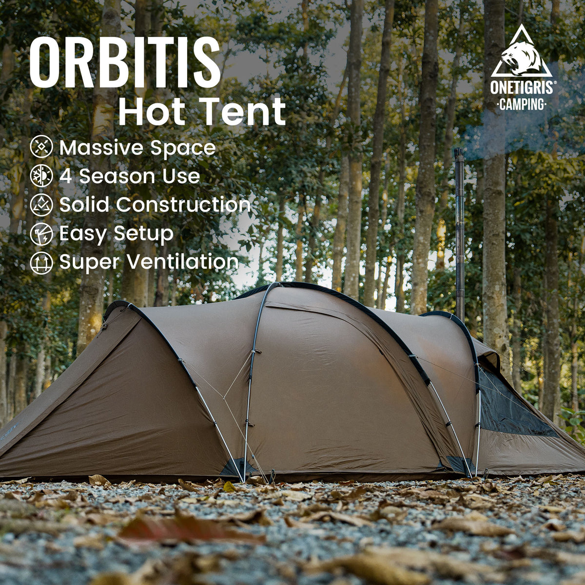 Orbitis hot tent with camping features listed, set against a forest background.