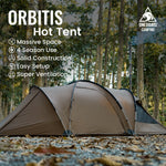 Orbitis hot tent with camping features listed, set against a forest background.