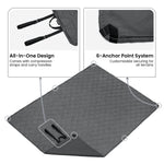 Gray mat with features highlighted, including compression straps, carry handles, and anchor points.