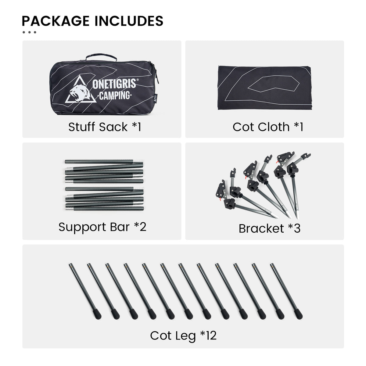 List of camping cot components including stuff sack, cot cloth, support bars, brackets, and cot legs on a white background.