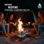 People sitting around a portable camping fire pit with ONETIGRIS branding.