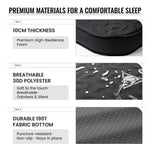 Product features with text on premium materials for a comfortable sleep, including foam thickness, breathable fabric, and durable bottom.