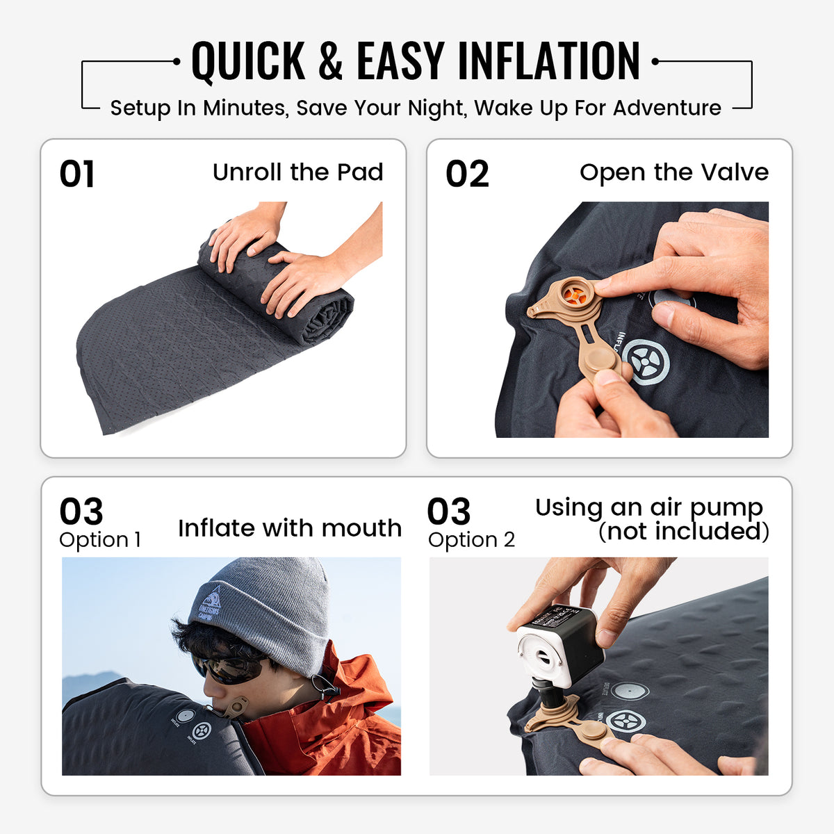 Instructions for quick and easy inflation of a camping pad with images and text.