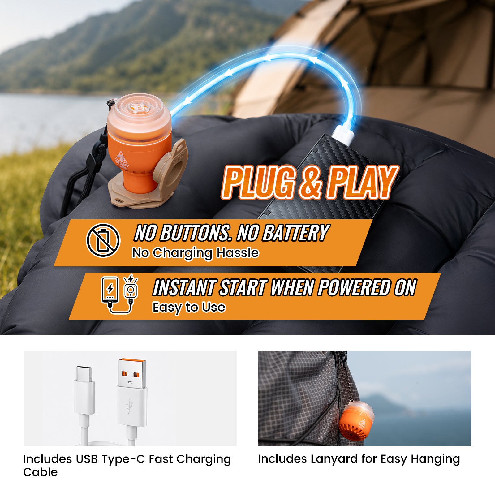 An orange and beige portable power bank with a USB-C connector, shown plugged into a black camping bag. The image features promotional text overlays reading 'PLUG & PLAY', 'NO BUTTONS.