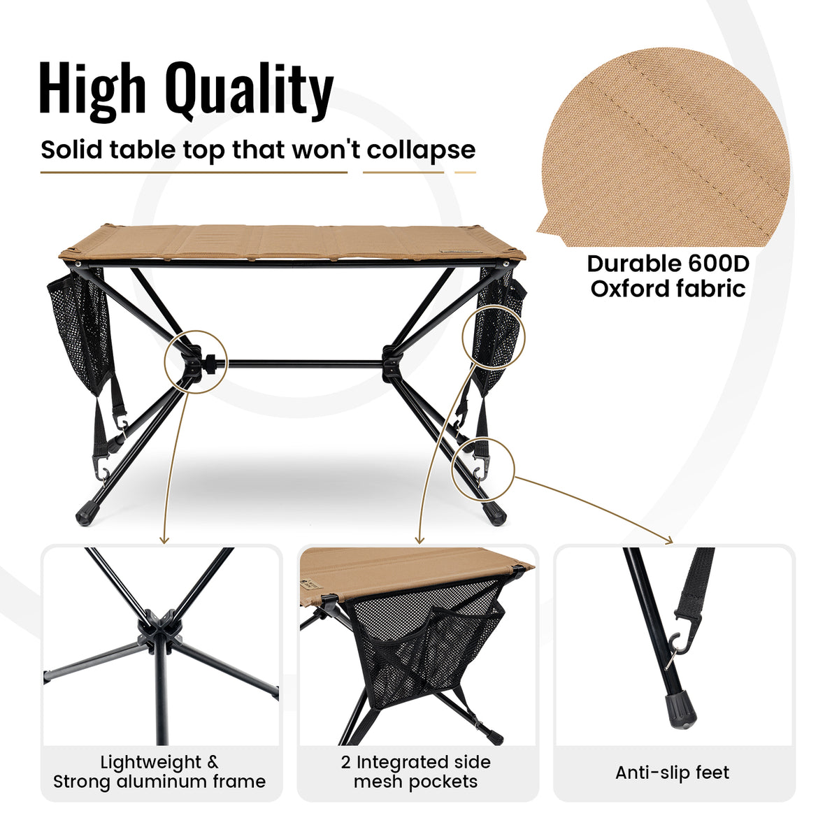 Portable table with features highlighted on a white background