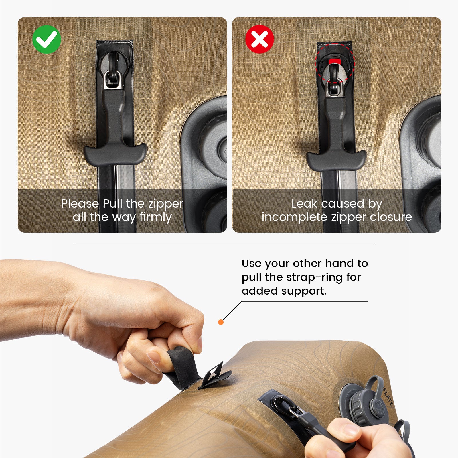 Instruction graphic showing how to properly close the zipper of a tan waterproof pouch. The top row shows a close-up of the zipper with a green checkmark indicating a firm pull and a red X indicating a leak due to incomplete closure.