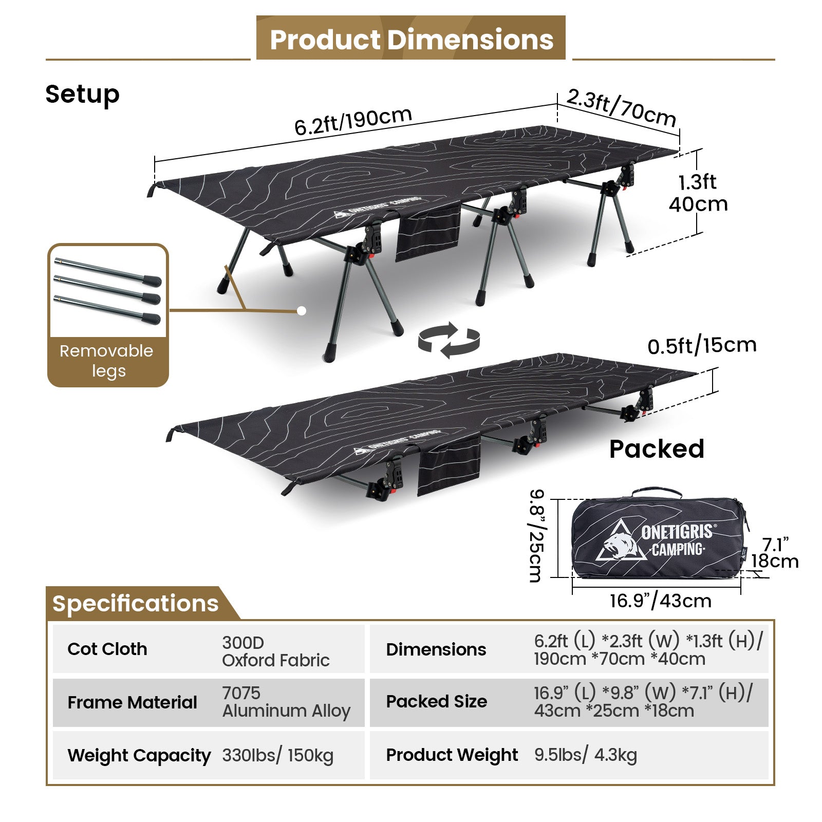 Camping cot with dimensions and specifications on a white background
