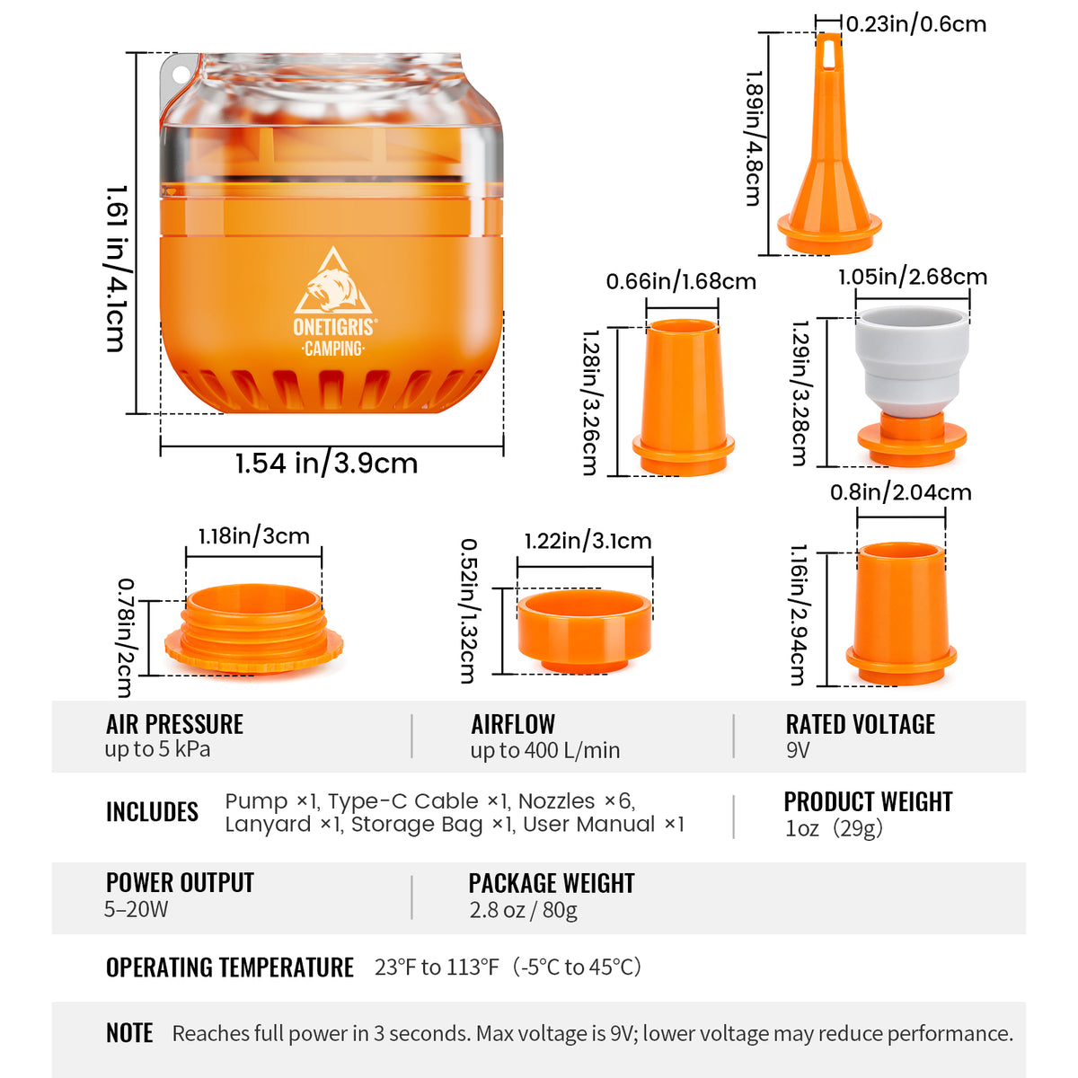 Technical specification and dimension chart for an orange and clear outdoor camping pump, showing multiple nozzle sizes, measurements in inches and centimeters, power output, weight, and other product details on a white background.