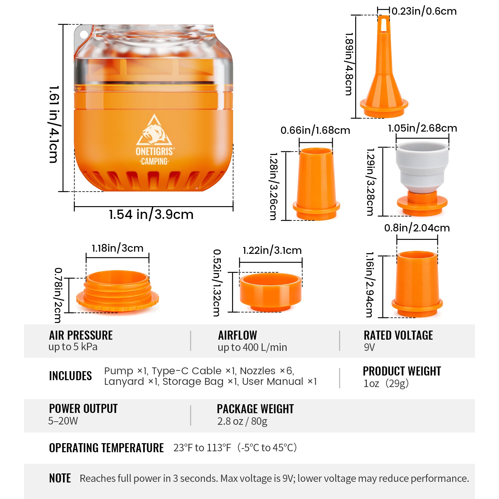 Technical specification and dimension chart for an orange and clear outdoor camping pump, showing multiple nozzle sizes, measurements in inches and centimeters, power output, weight, and other product details on a white background.