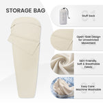Skin-friendly sleeping bag liner with an open design; machine washable.