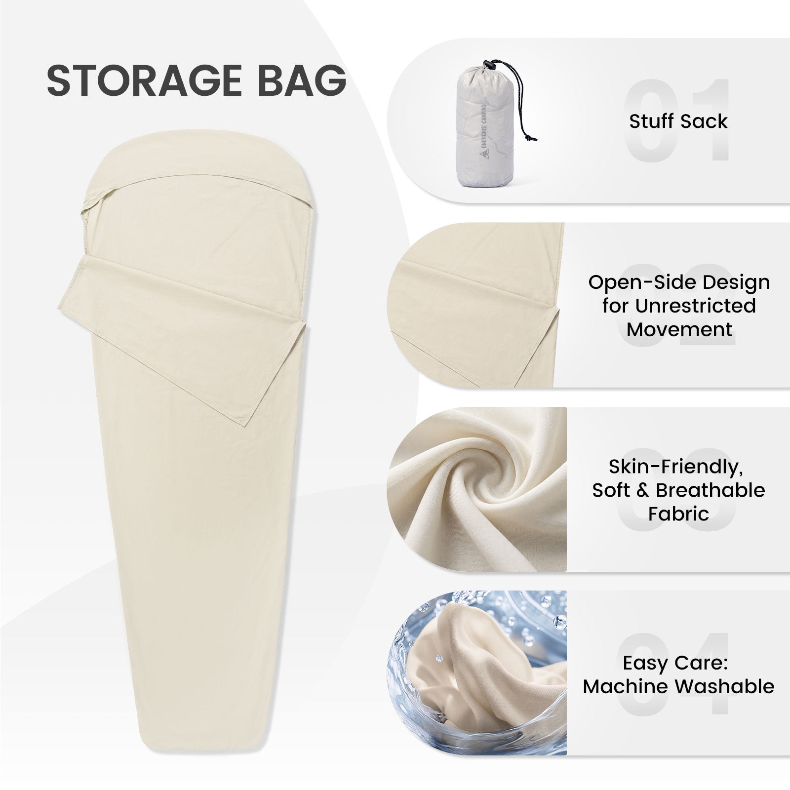 Skin-friendly sleeping bag liner with an open design; machine washable.