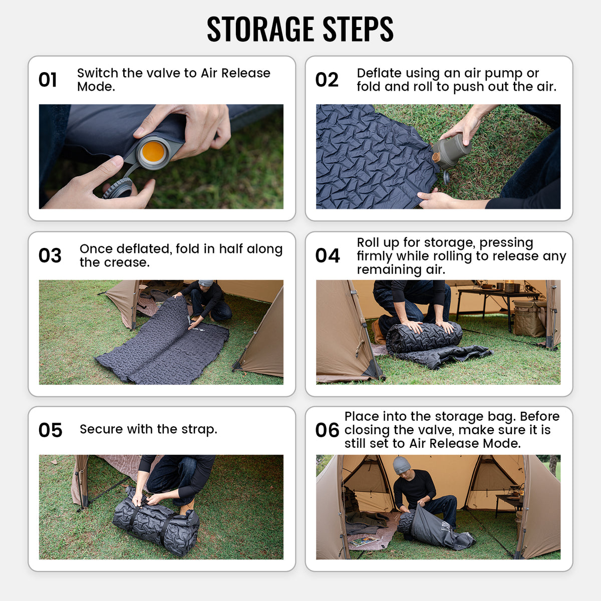 Step-by-step guide on how to store a camping mattress with images and text.