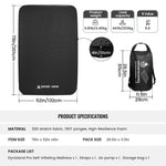 Product specifications of a camping mattress with dimensions, weight, and capacity details.