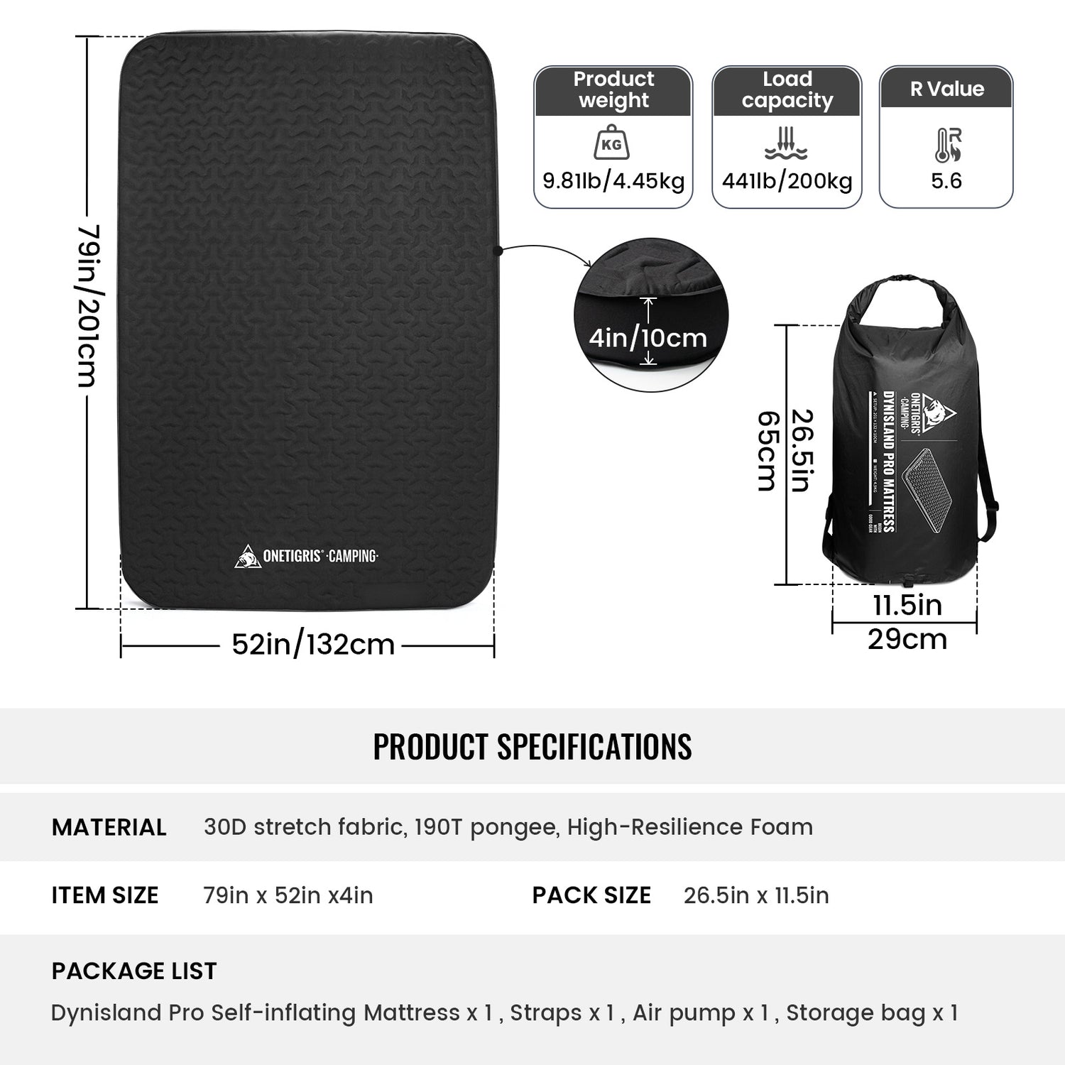 Product specifications of a camping mattress with dimensions, weight, and capacity details.