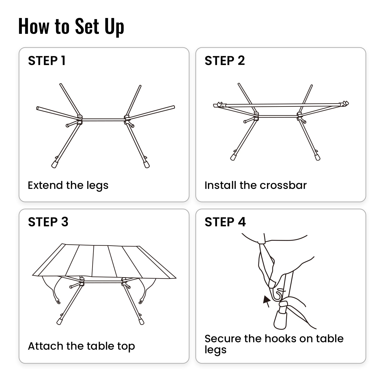 Step-by-step diagram on how to set up a table with legs, crossbar, and table top.