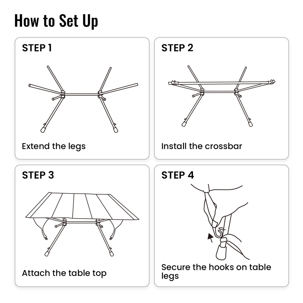 Step-by-step diagram on how to set up a table with legs, crossbar, and table top.