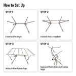 Step-by-step diagram on how to set up a table with legs, crossbar, and table top.