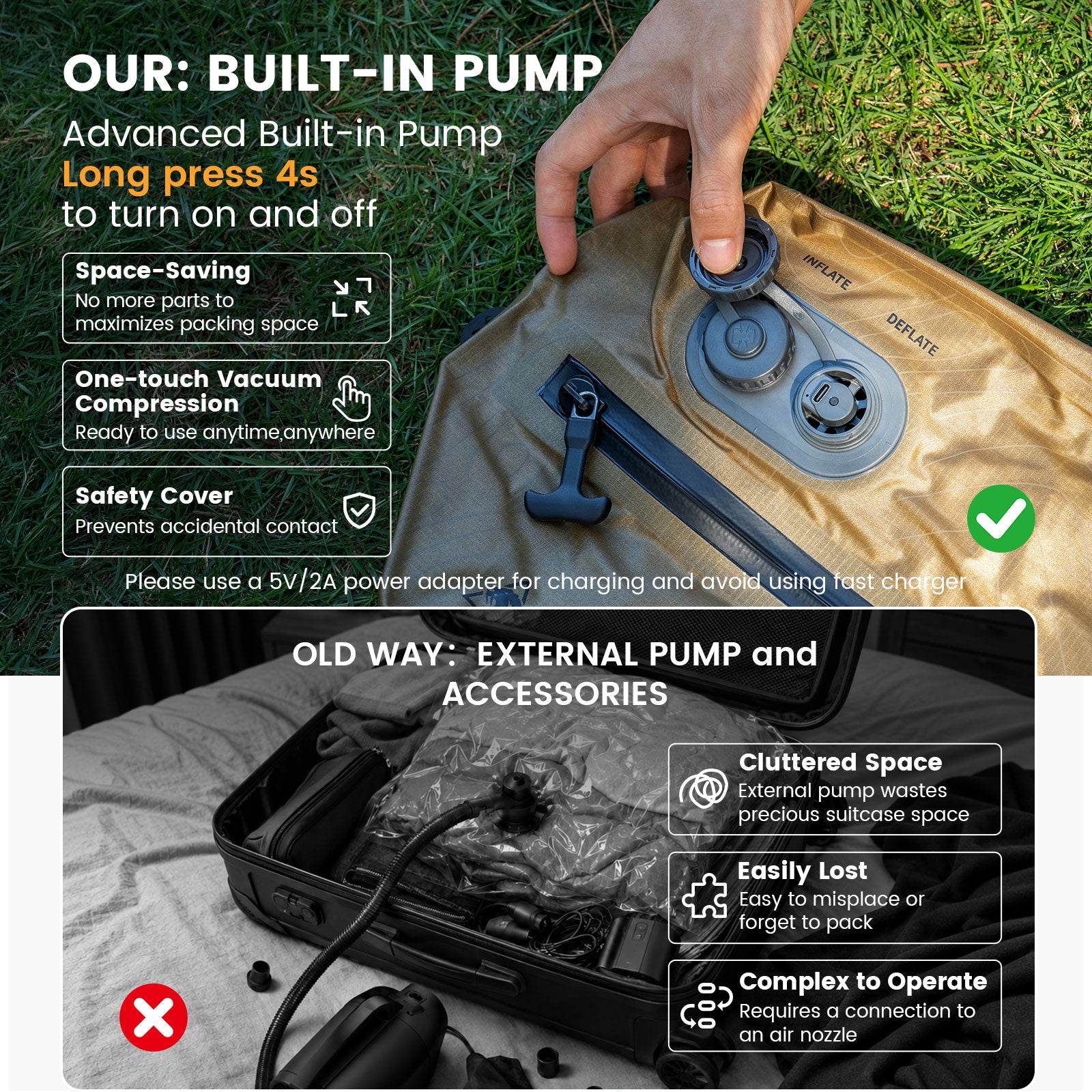 This promotional image showcases a storage bag with a built-in air pump; a hand is shown pressing the pump to demonstrate its 