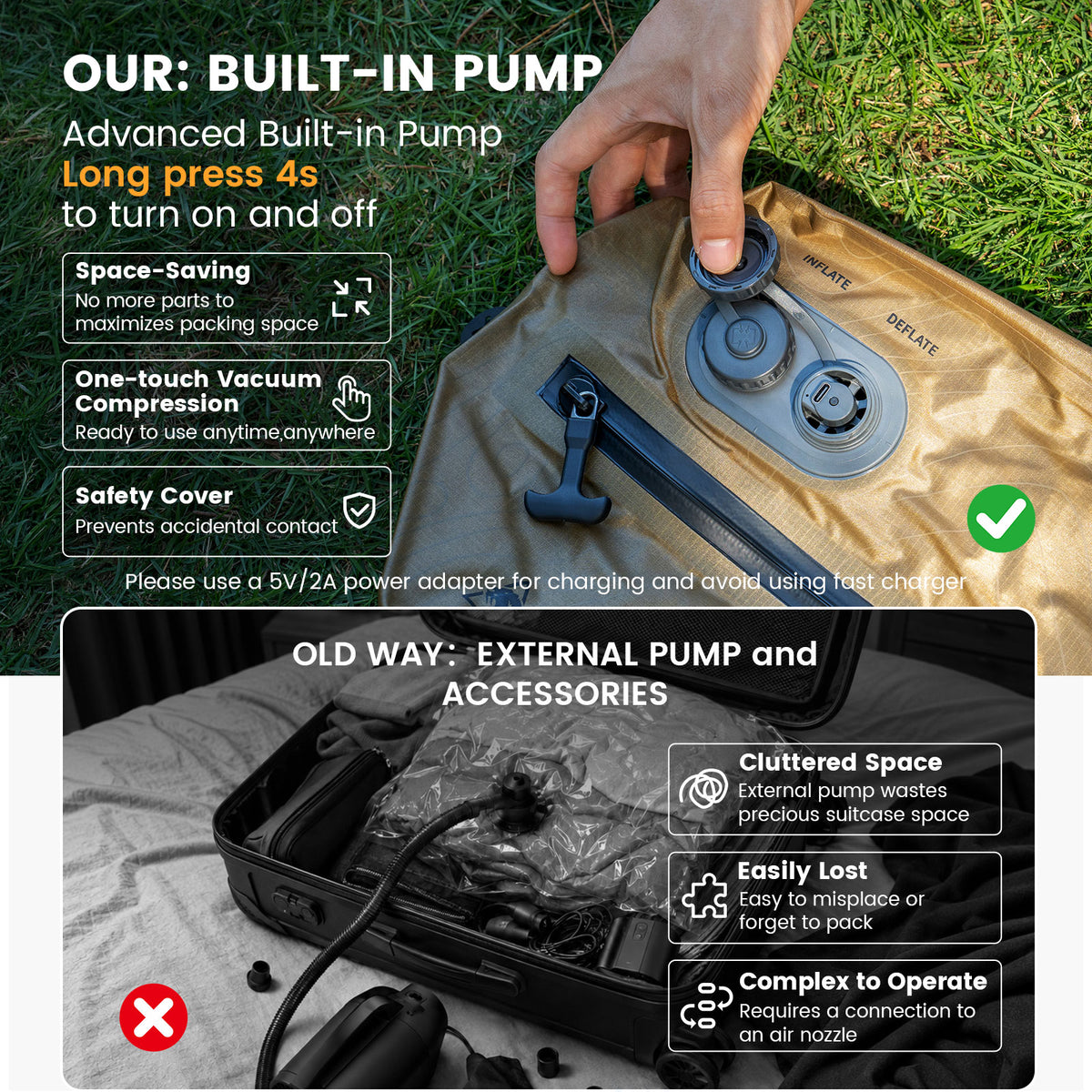 This promotional image showcases a storage bag with a built-in air pump; a hand is shown pressing the pump to demonstrate its "one-touch operation" feature. The upper section displays the brown storage bag and its integrated pump resting on a green lawn, accompanied by text highlighting its "space-saving" and "safety" benefits.