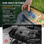 This promotional image showcases a storage bag with a built-in air pump; a hand is shown pressing the pump to demonstrate its "one-touch operation" feature. The upper section displays the brown storage bag and its integrated pump resting on a green lawn, accompanied by text highlighting its "space-saving" and "safety" benefits.