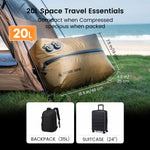 The image displays a storage bag placed on an outdoor lawn (next to a tent), accompanied by the text "20L Space Travel Essentials" and dimensions. Two product examples inset at the bottom show a black backpack labeled "35L" and a black suitcase labeled "24 inches," respectively.
