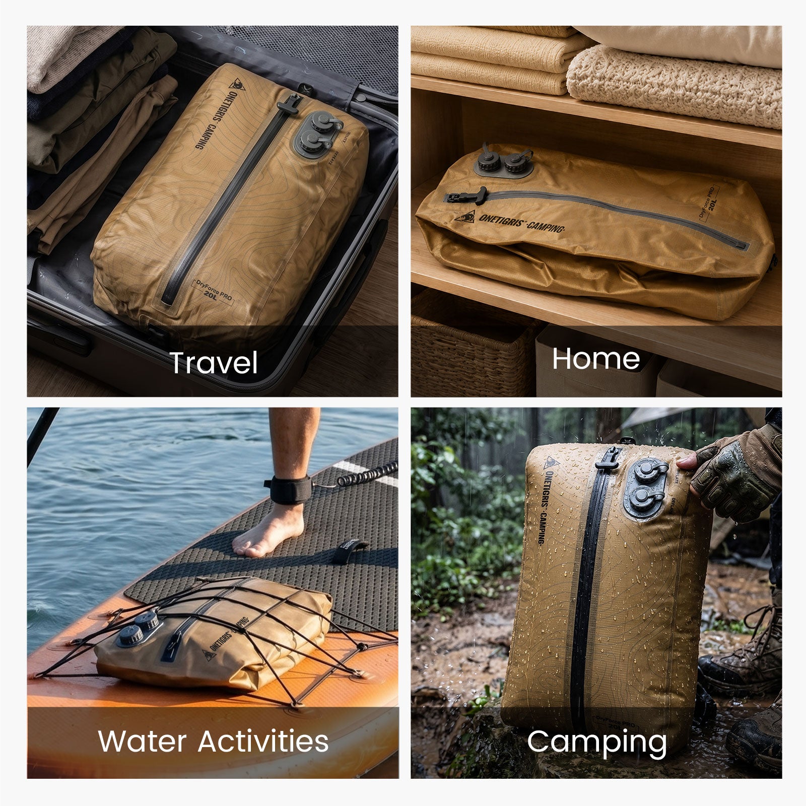 This is a composite product image featuring four panels that showcase a tan, waterproof storage bag in various real-world scenarios: packed inside a suitcase, stored on a shelf at home, floating on water during outdoor activities, and held by hand in the rain while camping. The bag is equipped with a black zipper and a vacuum valve, and it features the clearly visible 
