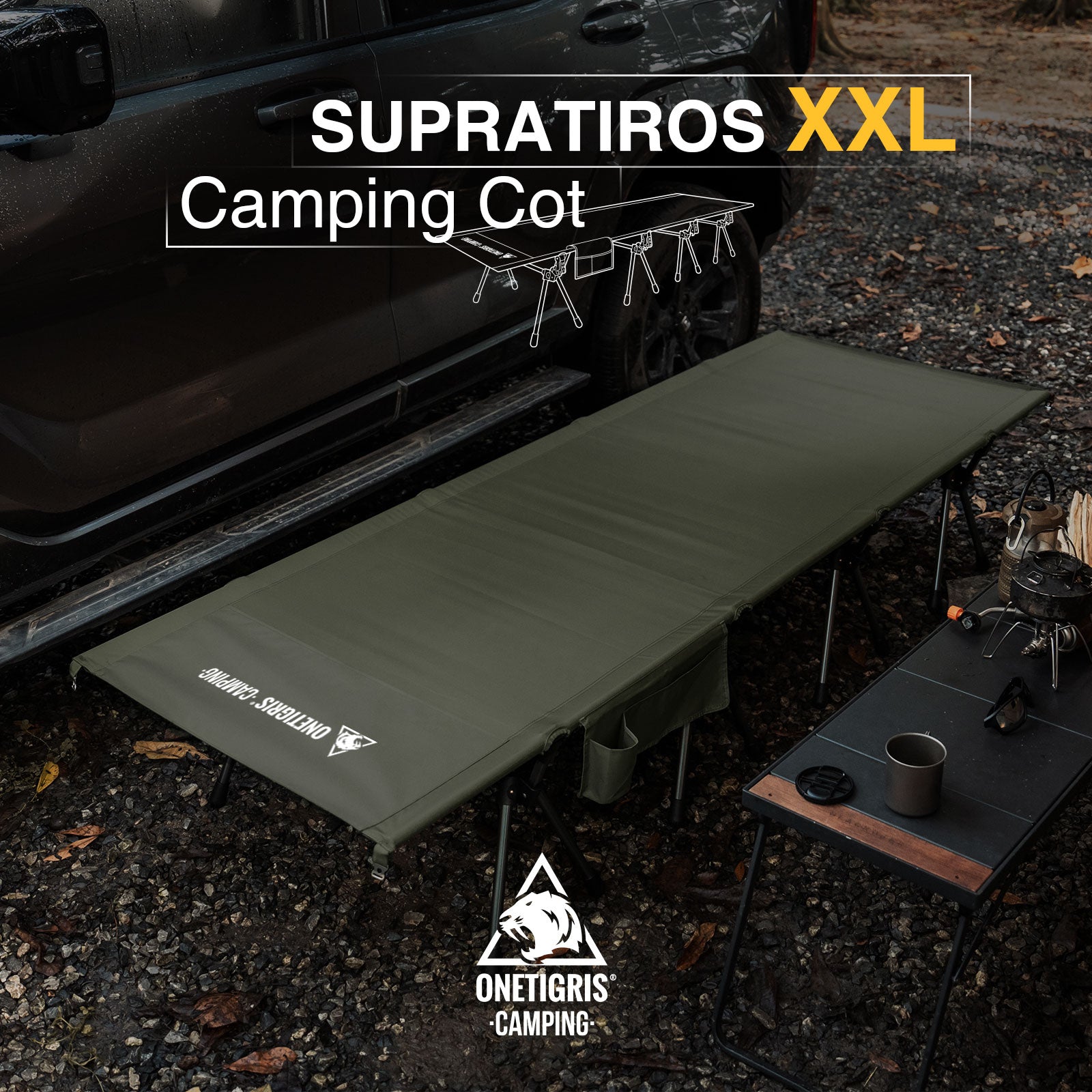 Supratiros XXL camping cot with a car and outdoor setup in the background, featuring the OneTigris Camping brand.