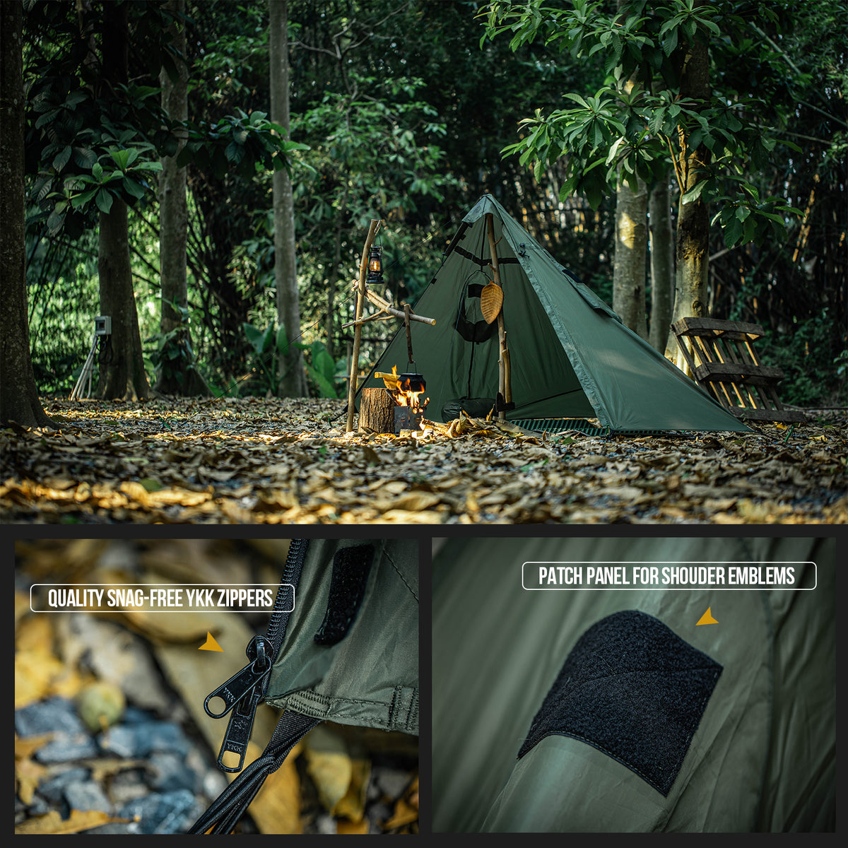 Camping scene with a Poncho Shelter in a forest and close-up details of the tent fabric.