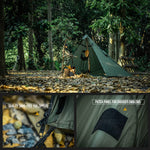 Camping scene with a Poncho Shelter in a forest and close-up details of the tent fabric.