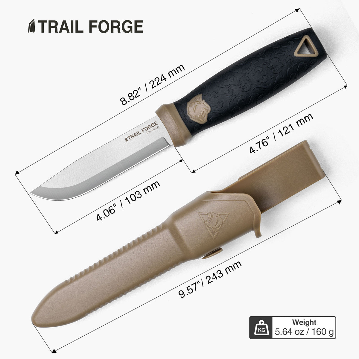 Knife with sheath and measurements labeled 'Trail Forge' on a white background