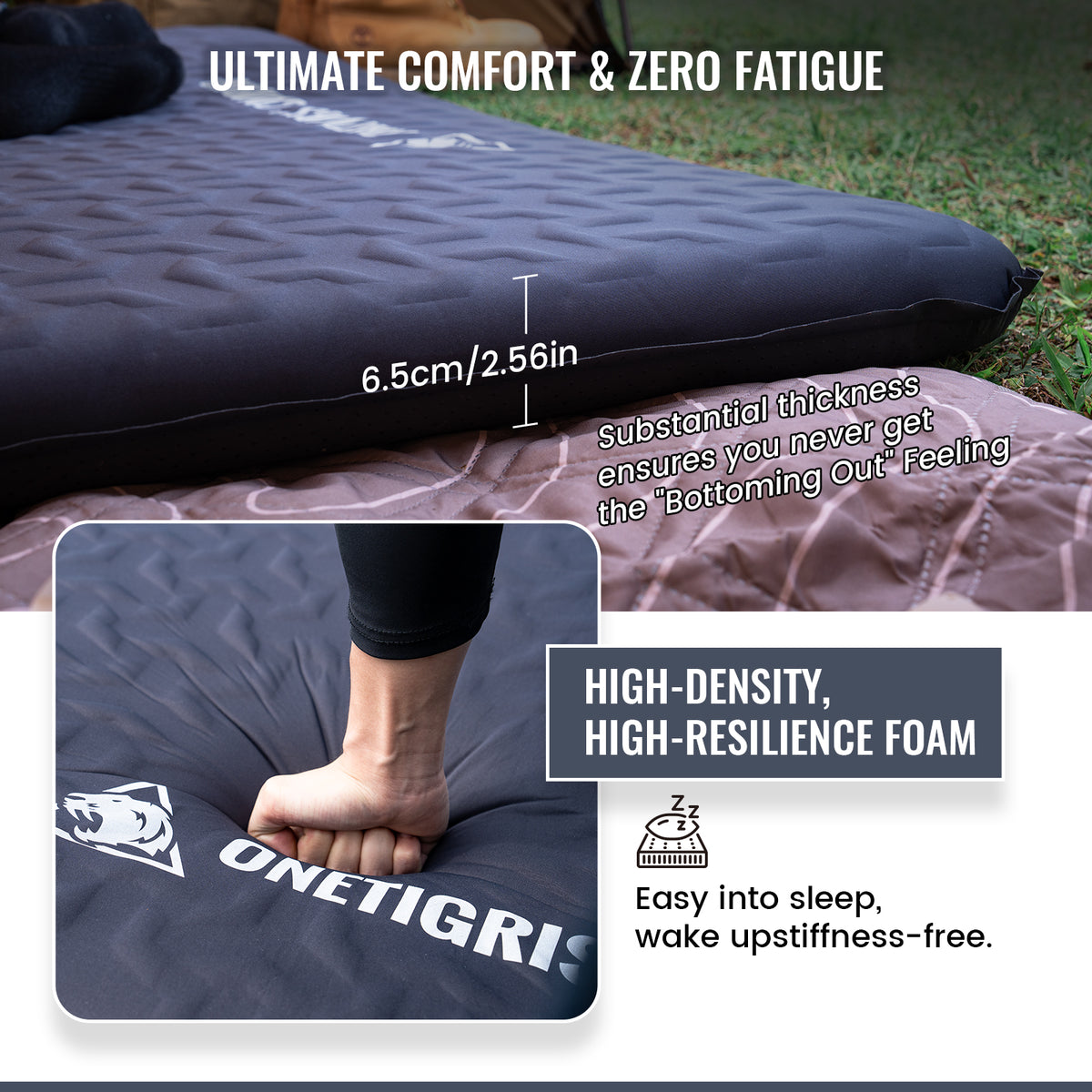 Inflatable mattress with text highlighting comfort and features, brand 'ONETIGER Camping' visible.