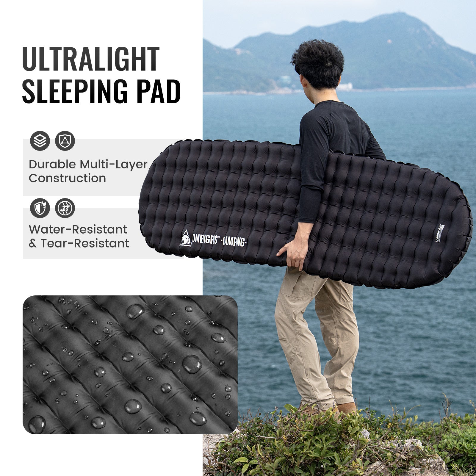 Person holding an ultralight sleeping pad with scenic background