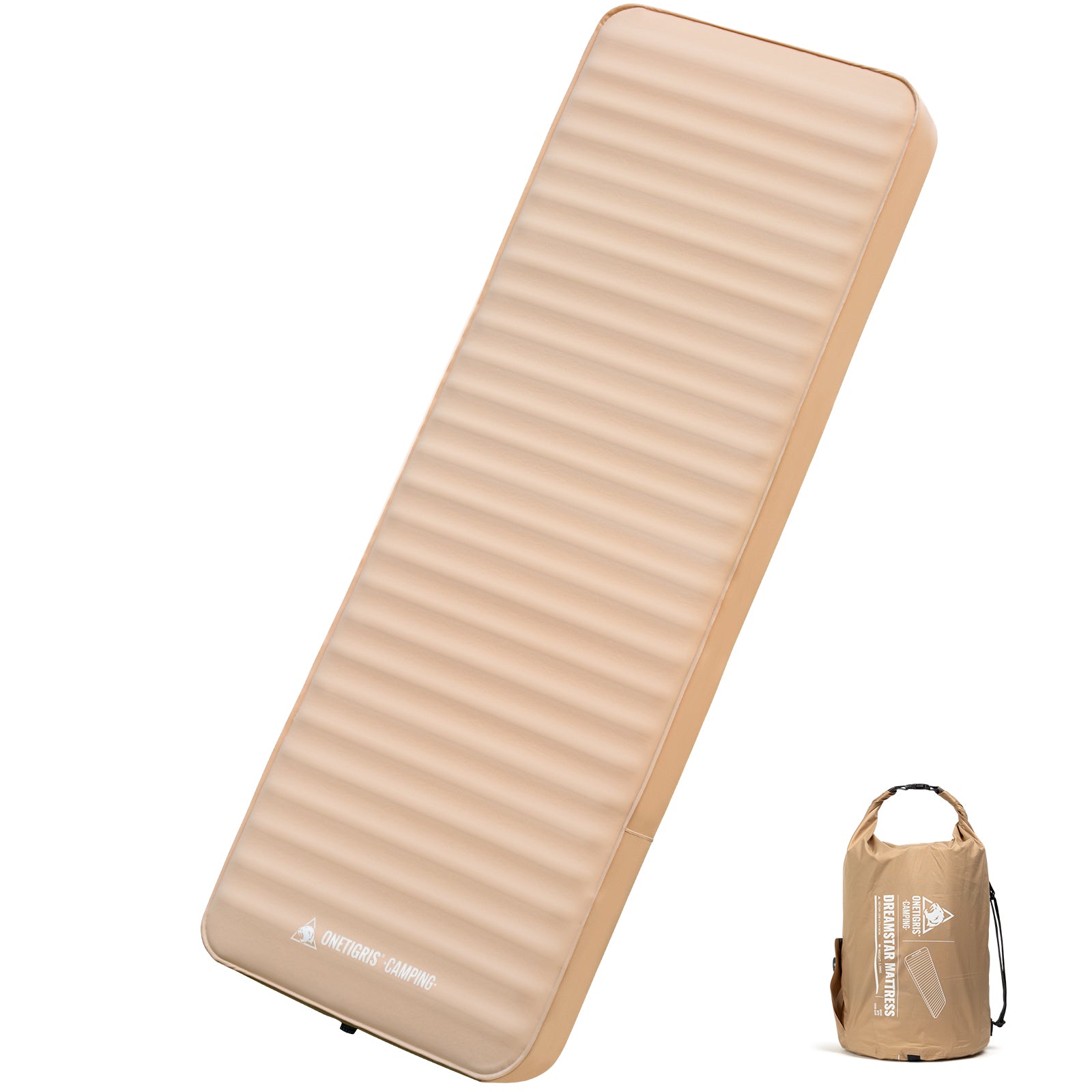Beige camping mat with a smaller bag on a white background