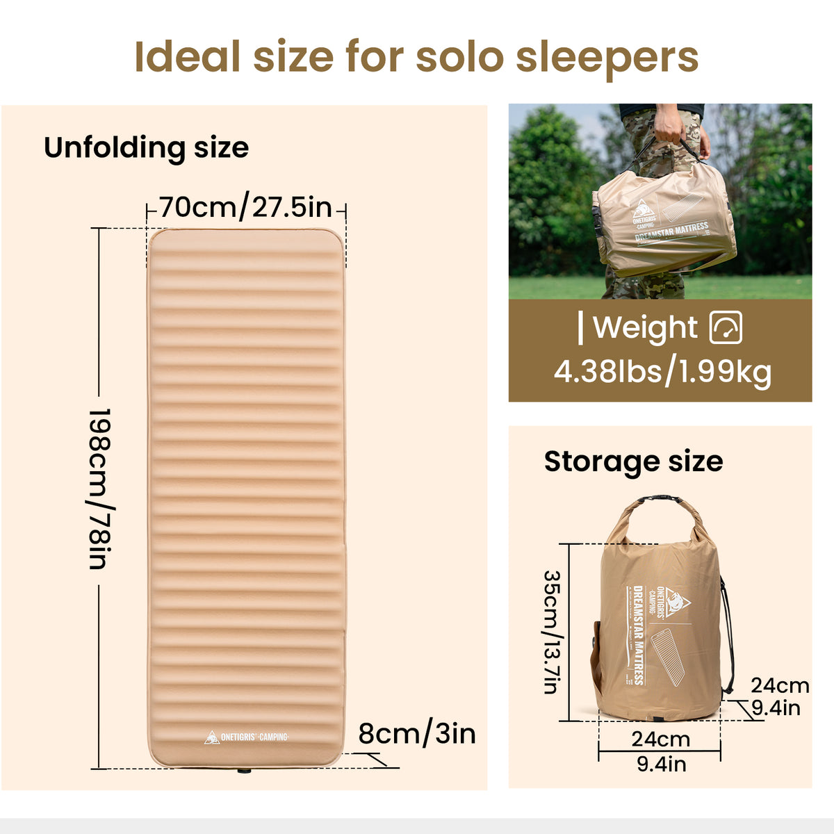 Inflatable sleeping pad with dimensions and weight information on a beige background