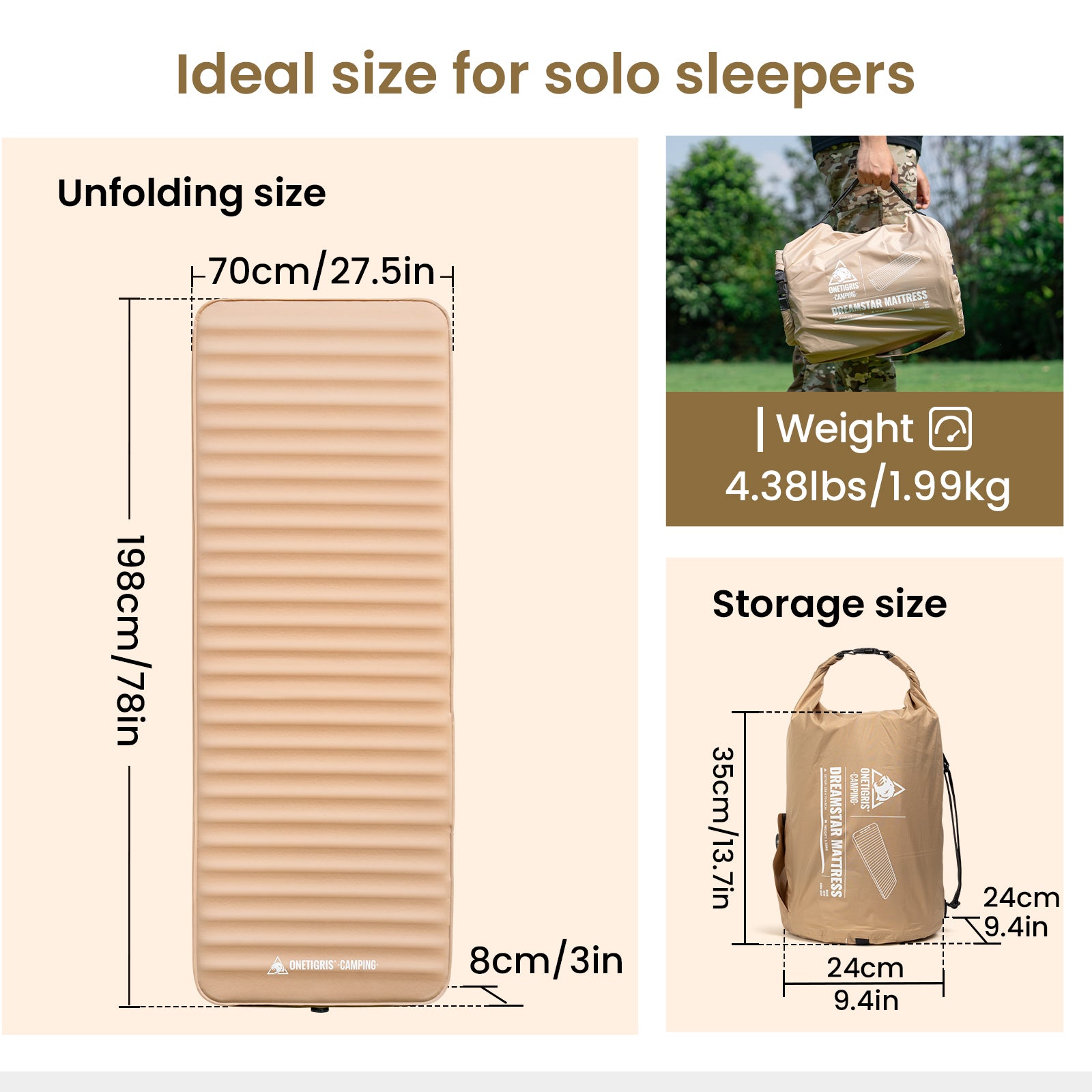 Inflatable sleeping pad with dimensions and weight information on a beige background
